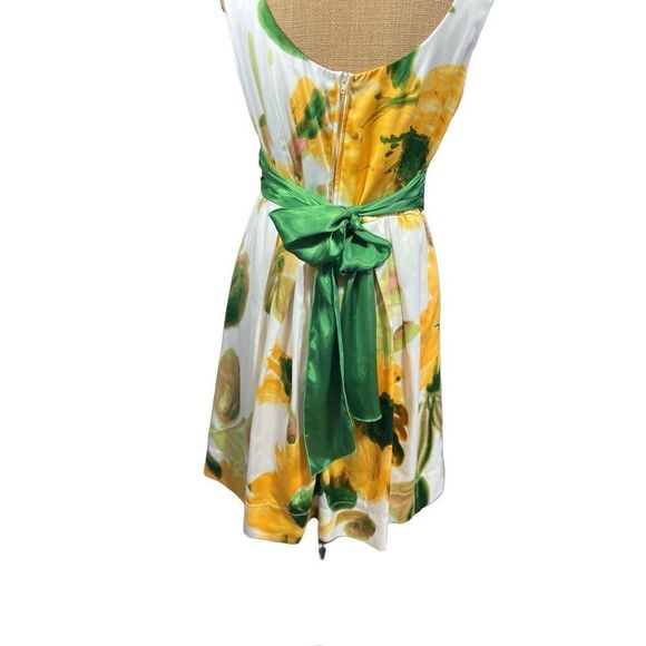 Vintage Inspired Yellow Floral Sundress Size 13 Tulle V-Neck Green Waistband - Picture 6 of 13